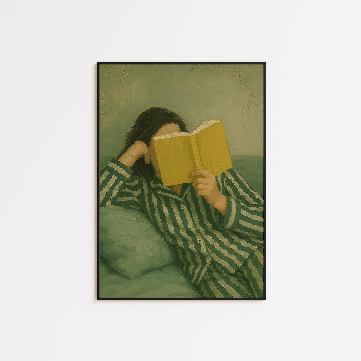 Reading Woman Poster – Cozy Wall Art | Minimalist Decor, Soft Green Artwork