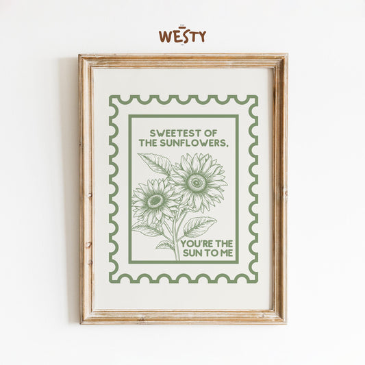 Sun To Me Poster, Sunflower Love Quote Poster – Vintage Stamp Style Romantic Wall Art