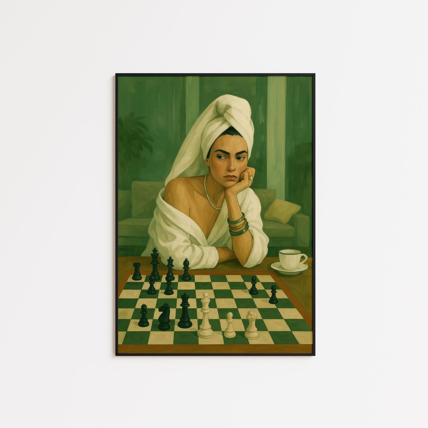 Feminine Chess Art Print – Moody Green Tones | Luxury Bedroom Poster