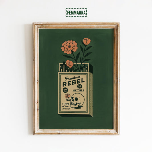 Vintage Skull Poster – Retro Matchbox Design | Floral Skull Artwork & Dark Academia Decor