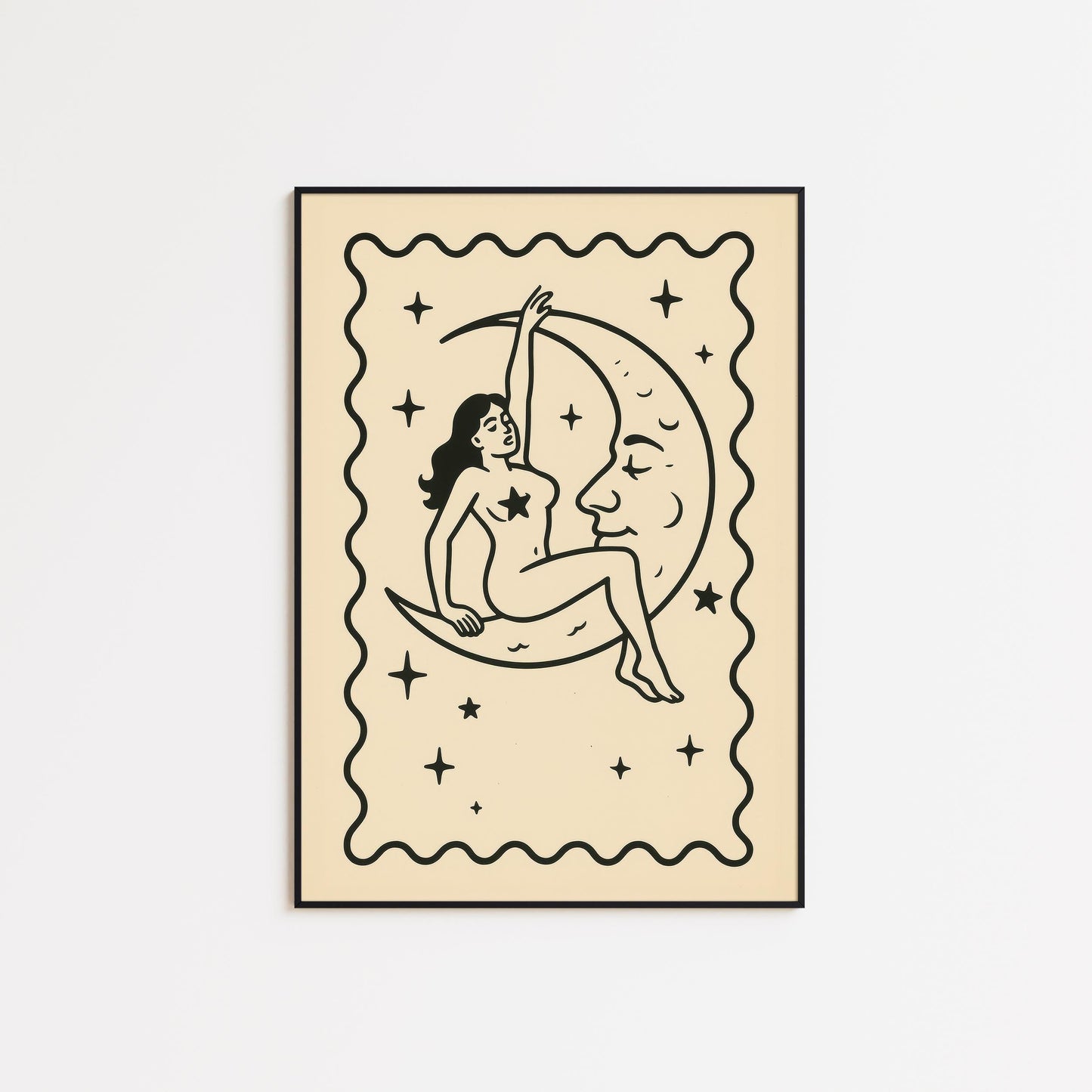 Moon Girl Line Art – Celestial Feminist Poster | Black Cream Wall Art