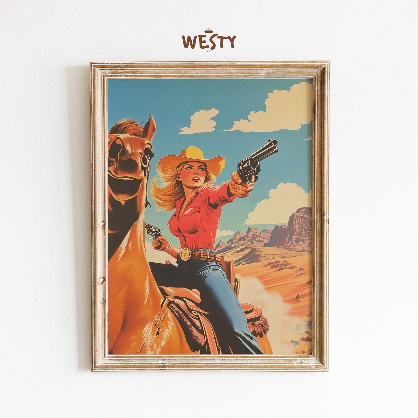 Vintage Cowgirl Poster – Bold Retro Western Woman with Guns