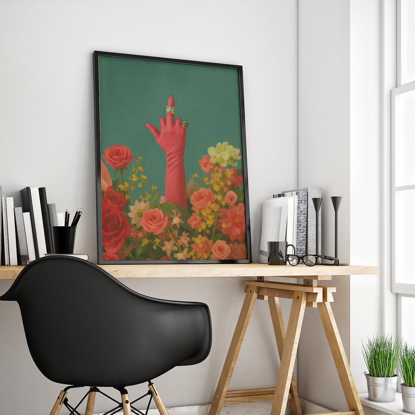Feminist Wall Art – Bold Floral Middle Finger Poster With Vintage Feminist Print