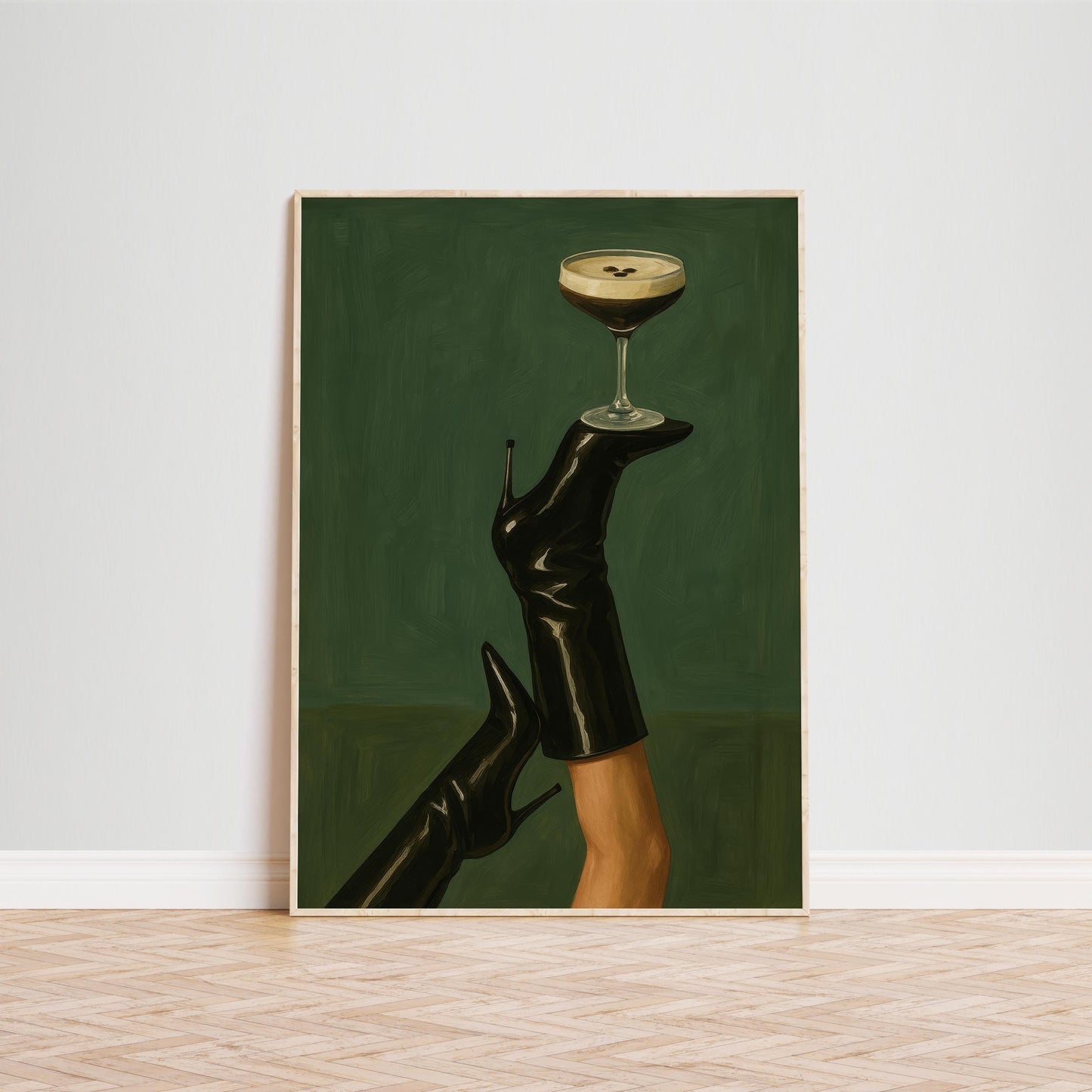 Feminine Moody Poster – Espresso Martini Art | Bold High Heel Print & Stylish Glam Decor