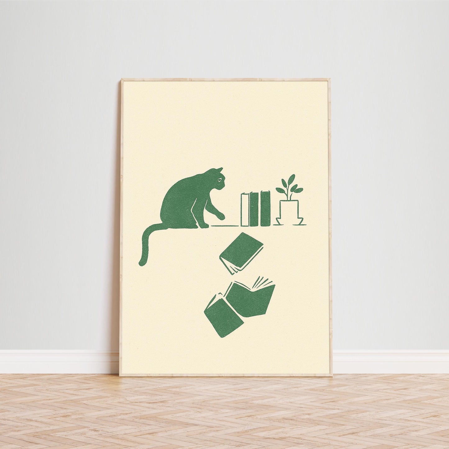 Curious Cat and Books – Minimal Line Art Poster, Cozy Literary Wall Print