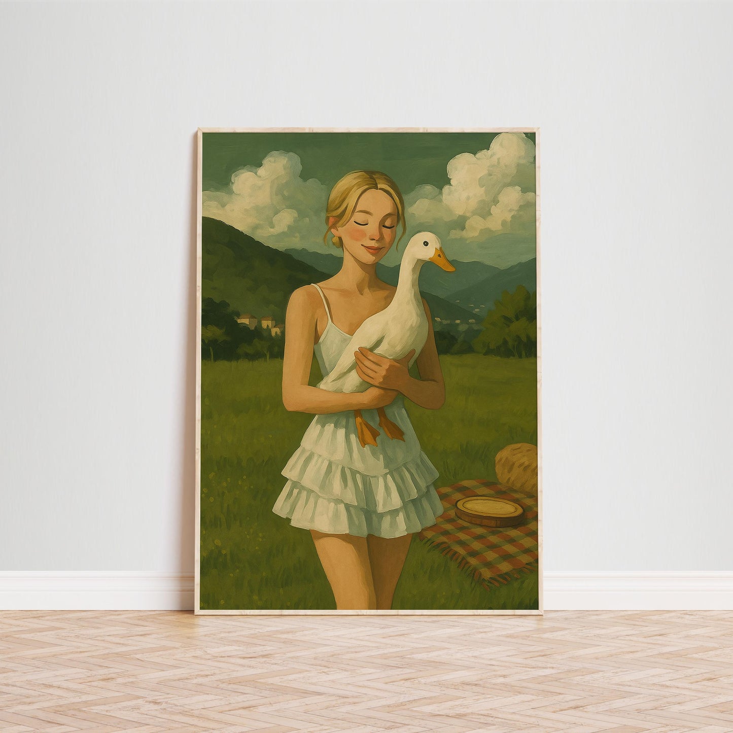 Girl With Goose Poster – Whimsical Countryside Wall Art With Rustic Farmhouse Decor