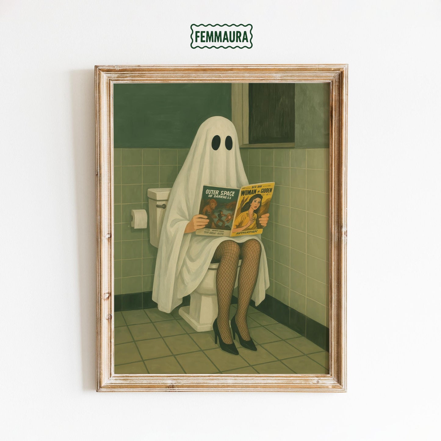 Quirky Bathroom Wall Art – Surreal Funny Ghost Print With Moody Green Tiles