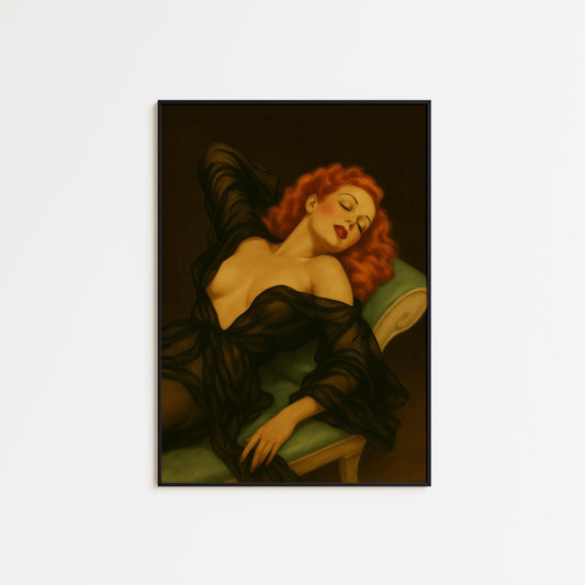 Vintage Femme Fatale Art – Glamorous Redhead Boudoir Wall Decor Print