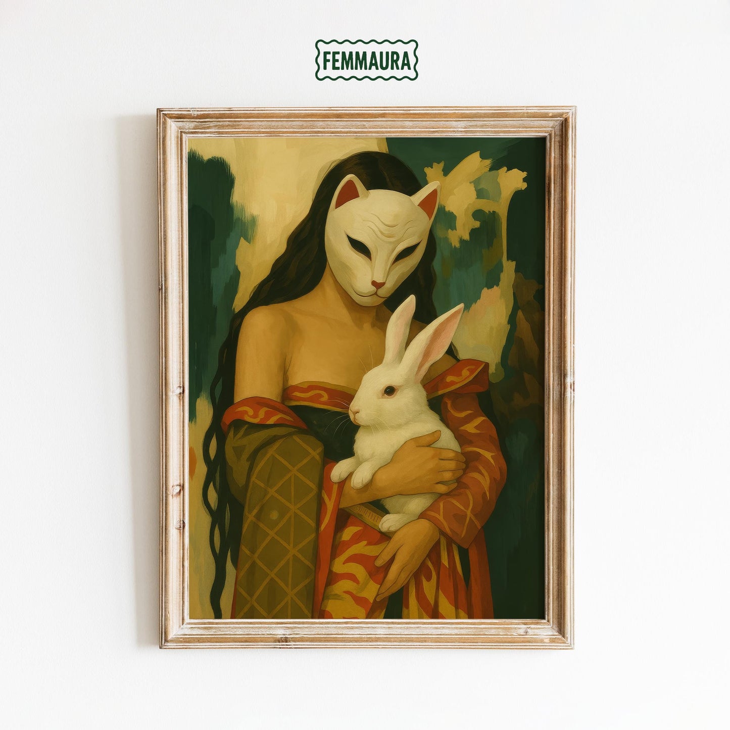 Surreal Femme Art Print – Gothic Renaissance Masked Woman & Symbolic Rabbit