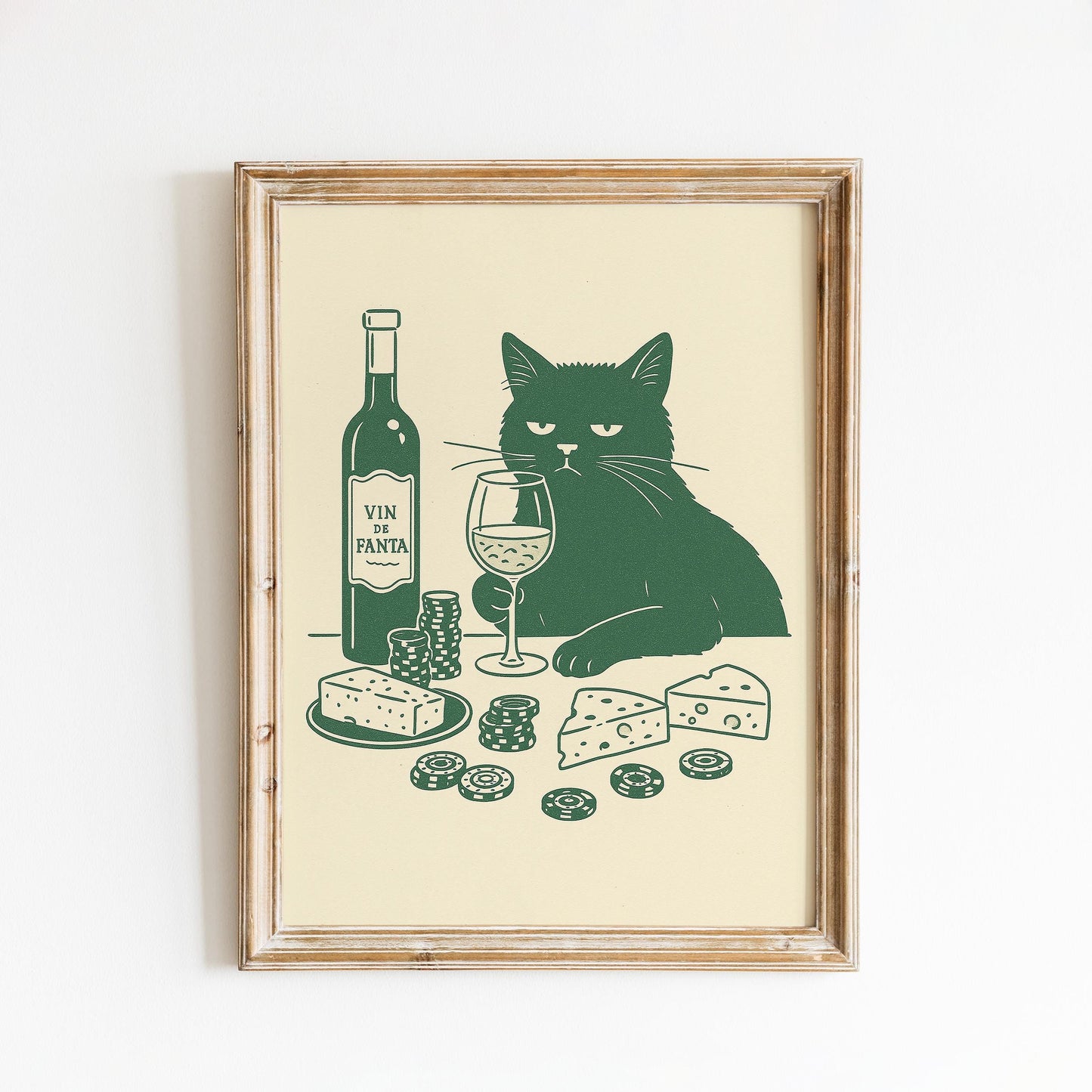 Wine and Cheese Cat Poster – Funny Minimal Line Art, Sophisticated Cat Wall Print