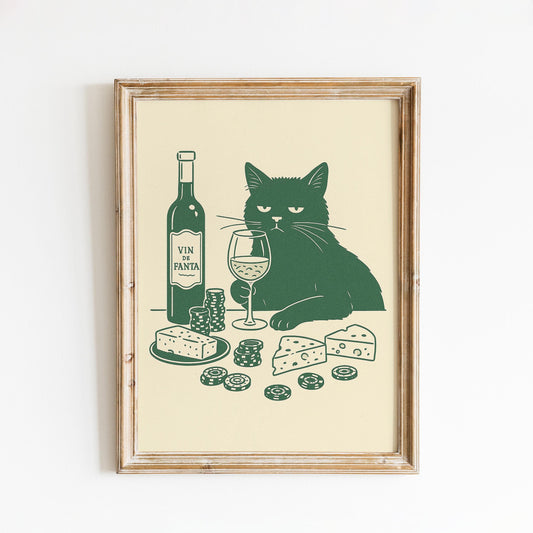 Wine and Cheese Cat Poster – Funny Minimal Line Art, Sophisticated Cat Wall Print
