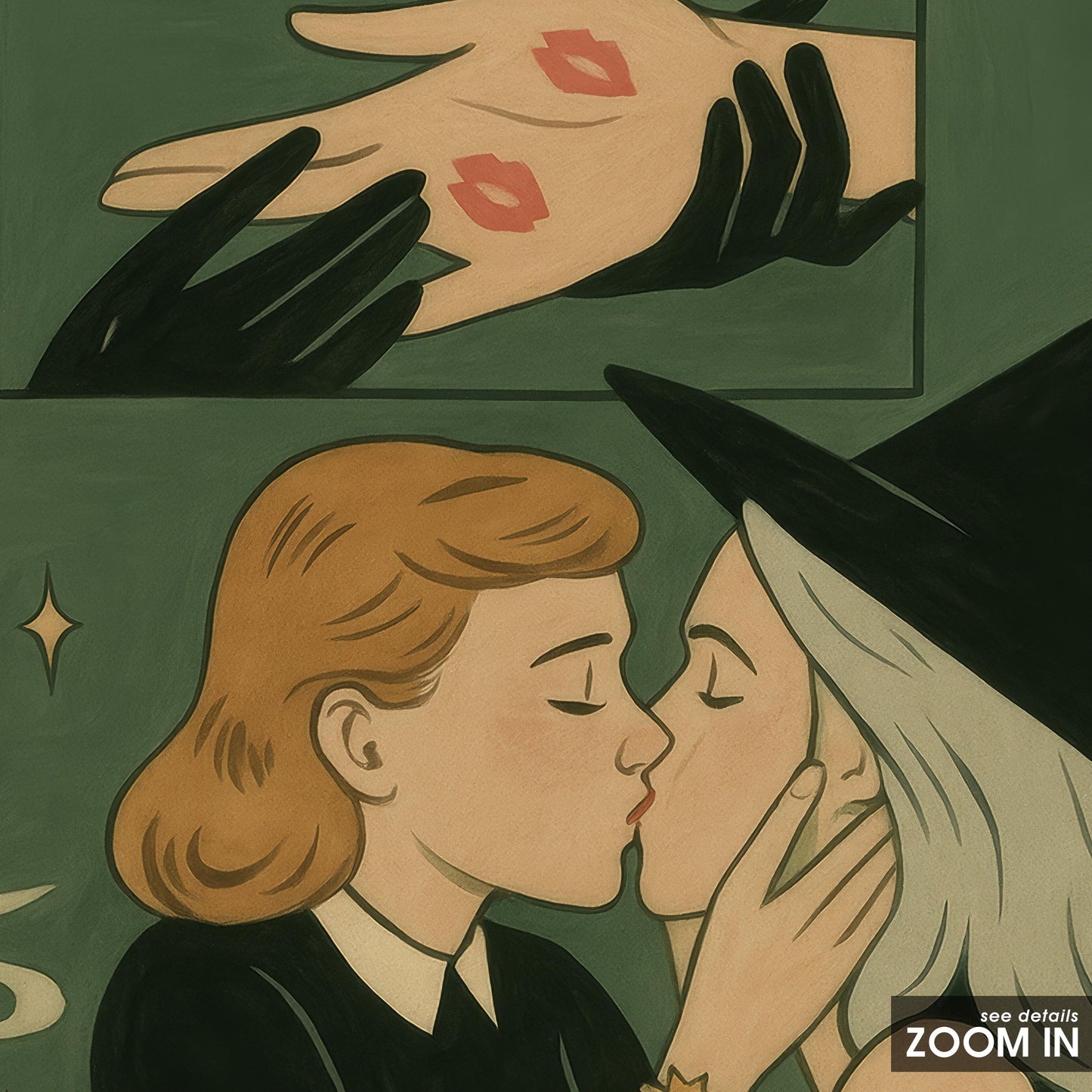 Witchy Lesbian Kiss Poster – Retro Comic Queer Love Wall Art with Occult Aesthetic