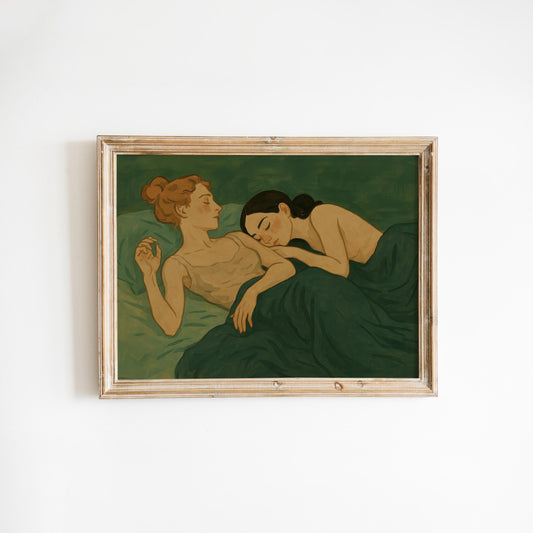 Sapphic Romance Art – Soft Lesbian Couple Print | Intimate Lovers Artwork