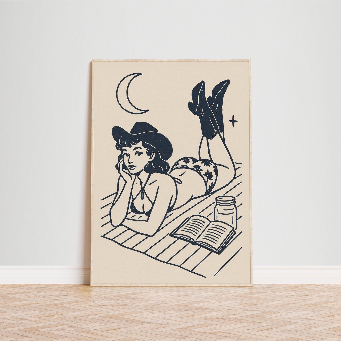 Western Pin-Up Poster – Moonlight Cowgirl Reading Retro Wall Art Print