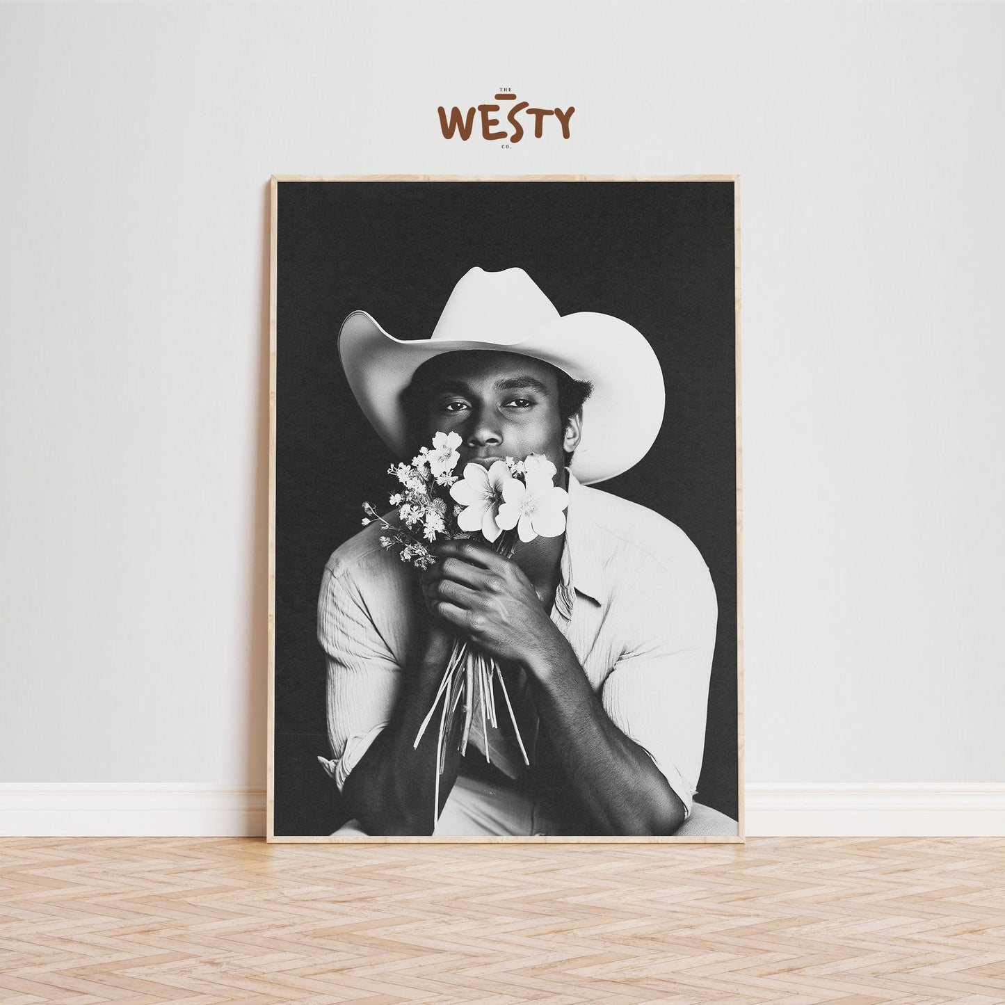 Cowboy with Flowers Poster – Black & White Western Wall Art