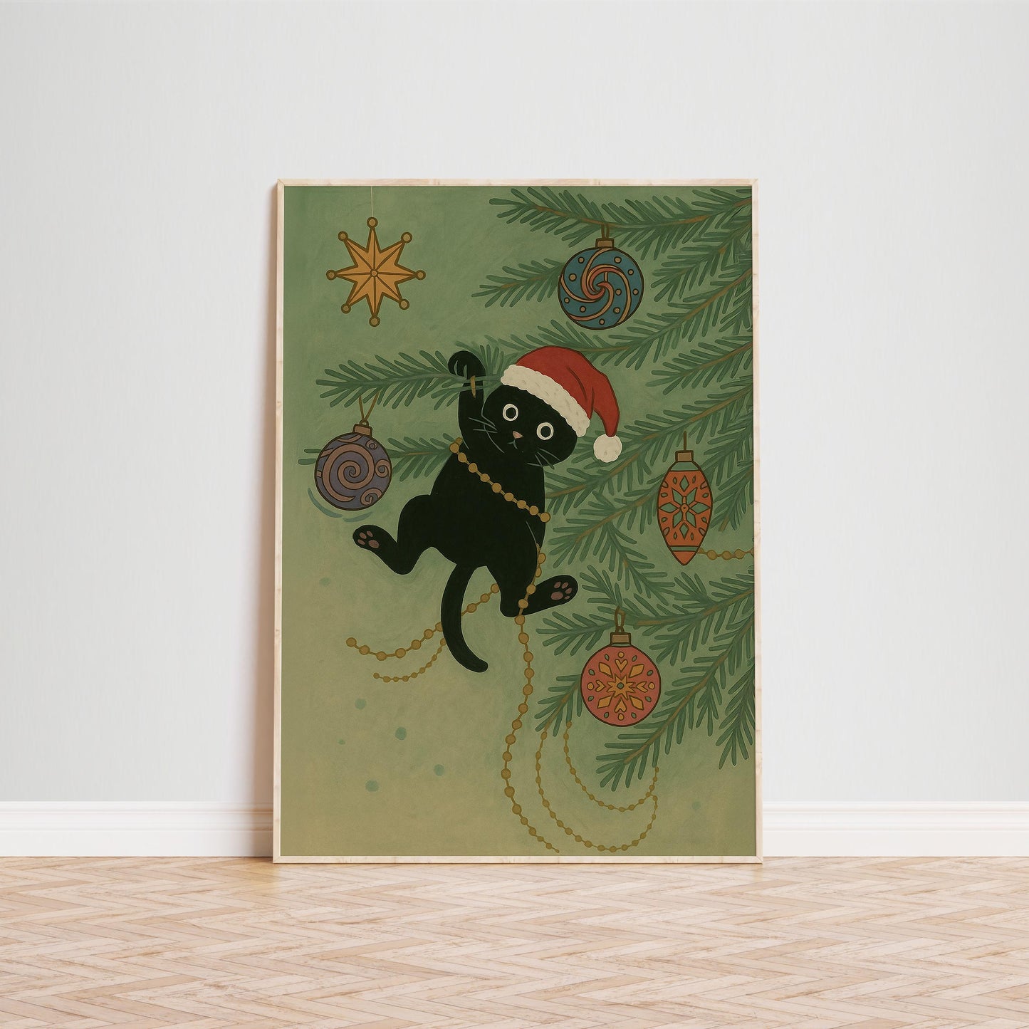 Christmas Cat Poster – Playful Retro Christmas Art With Festive Cat Decor