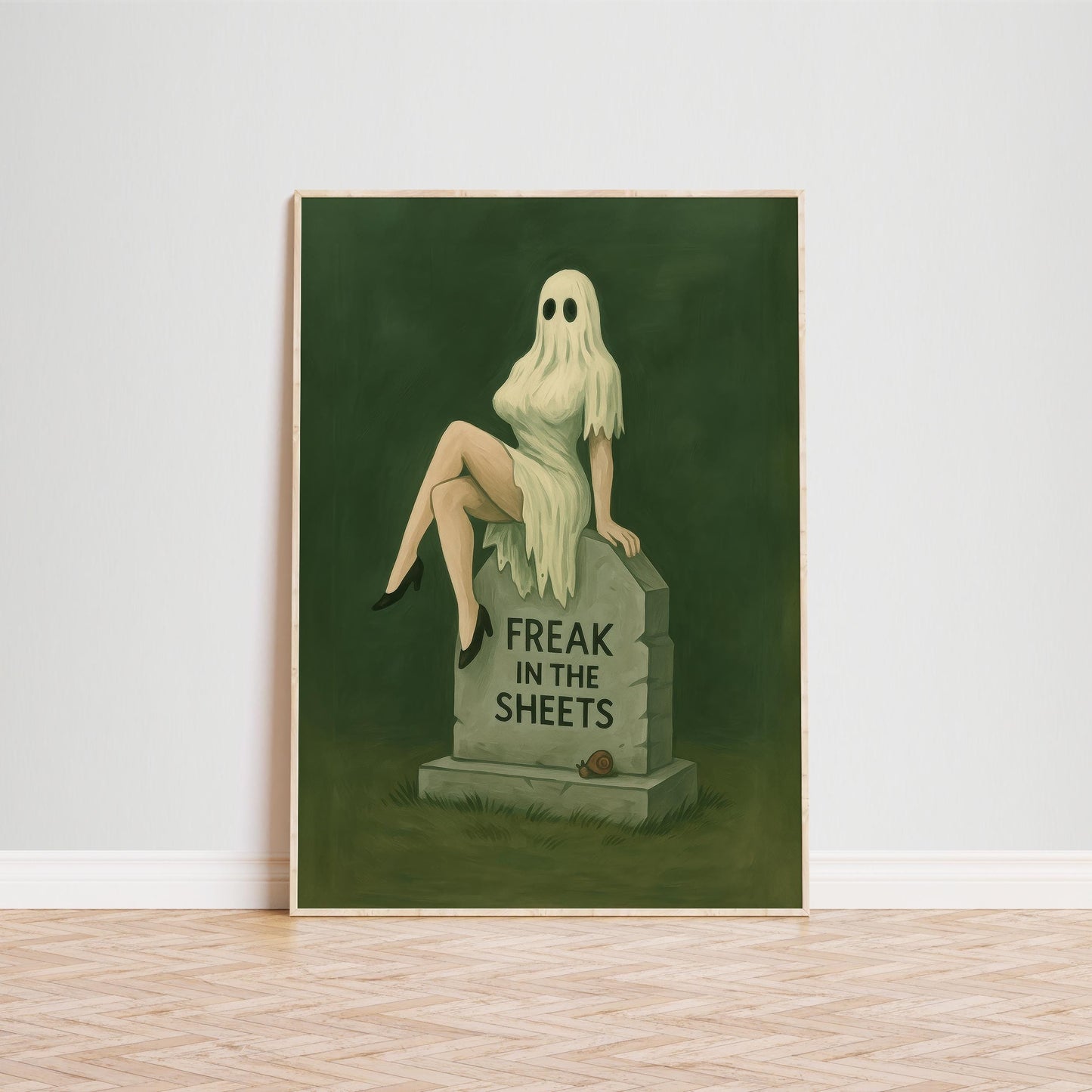 Sexy Halloween Art Print – Freak in the Sheets Ghost Girl Poster with Gothic Humor Decor