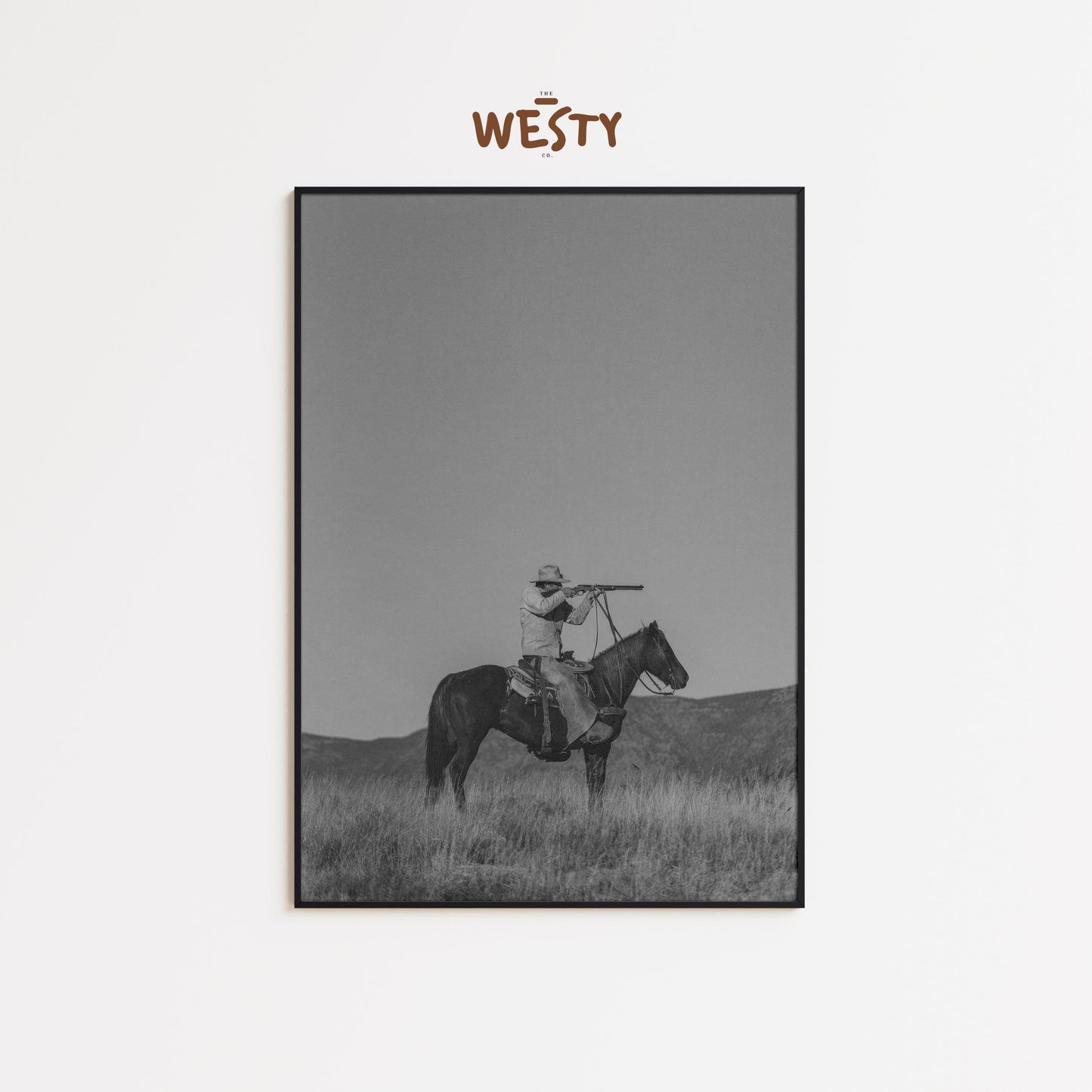 Lone Cowboy with Spyglass – Minimalist Black and White Western Poster