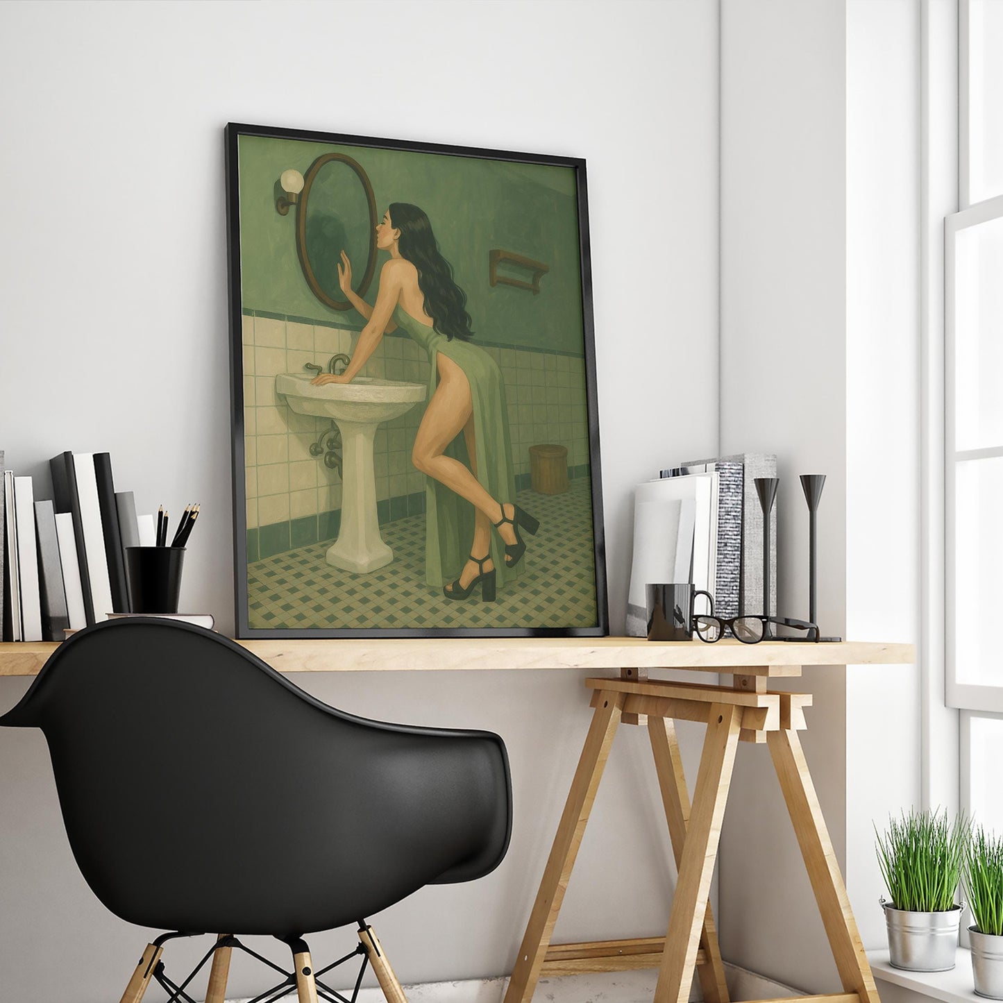 Retro Feminine Wall Art – Green Bathroom Poster With Flowing Dress & Vintage Tiles