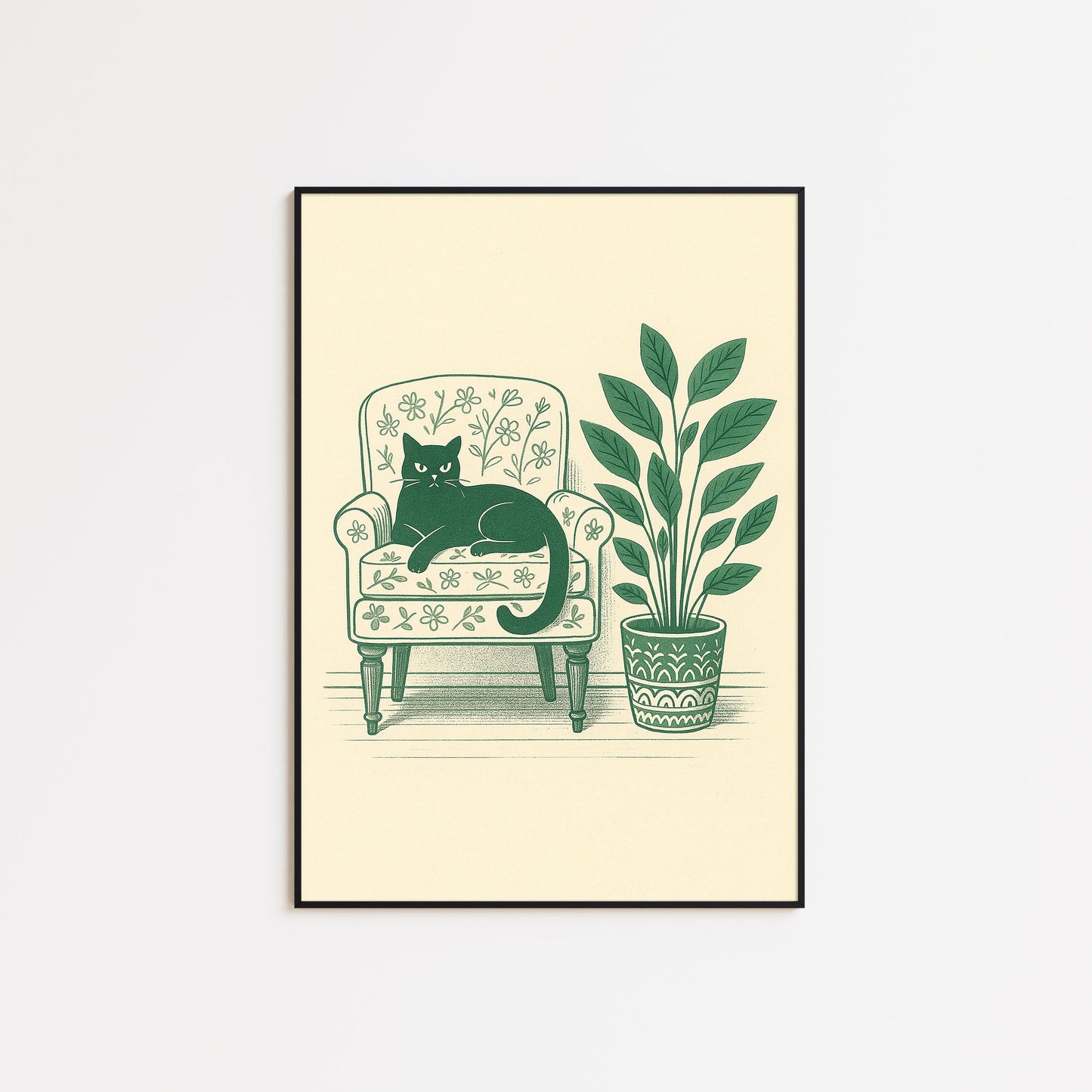 Lazy Afternoon Cat – Minimal Line Art Poster, Vintage Floral Chair Illustration