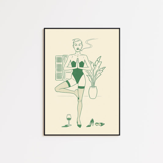 Yoga & Wine Poster – Feminine Line Art Print, Self-Care Humor Wall Decor