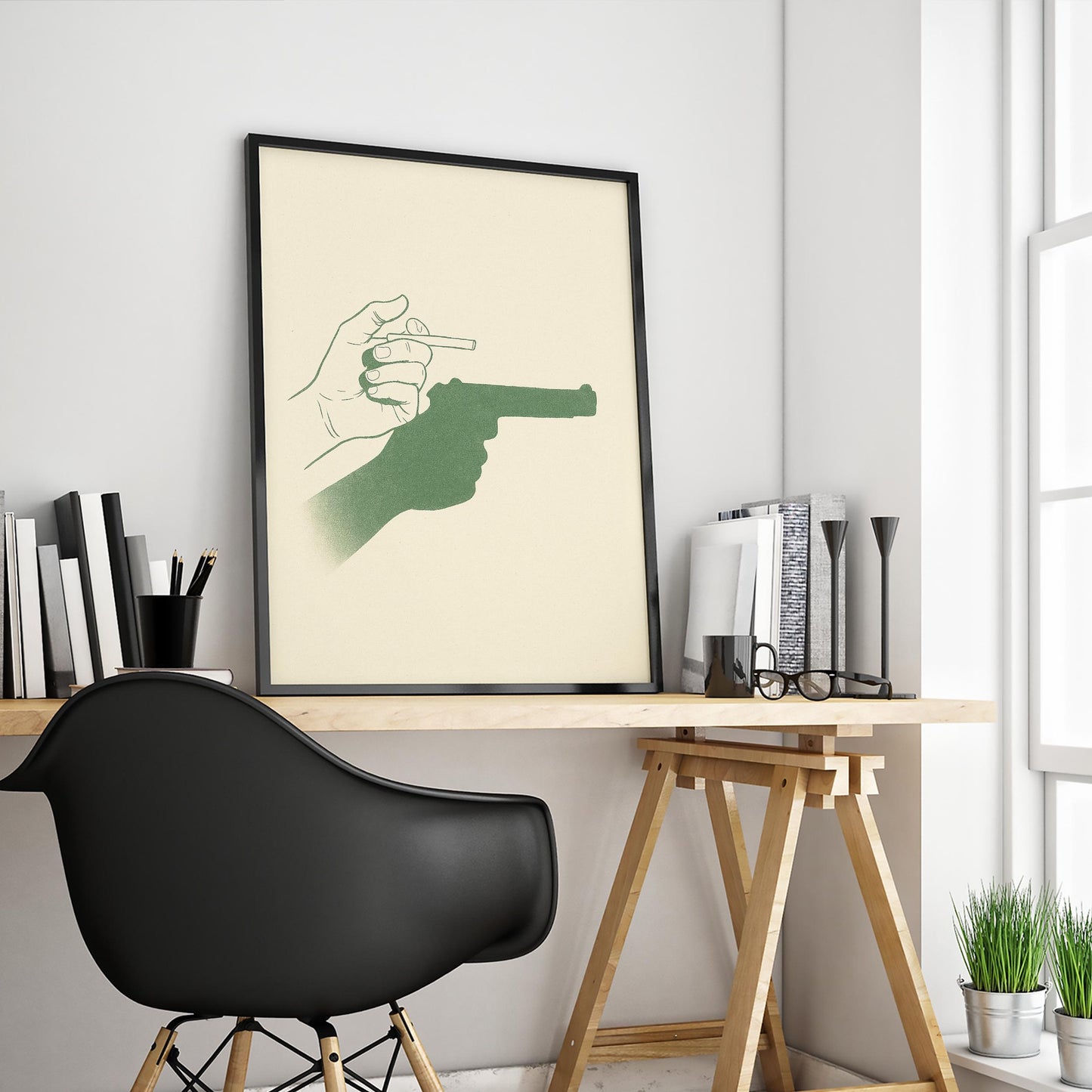 Cigarette & Gun Poster – Minimal Surreal Line Art Print, Femmaura Bold Series