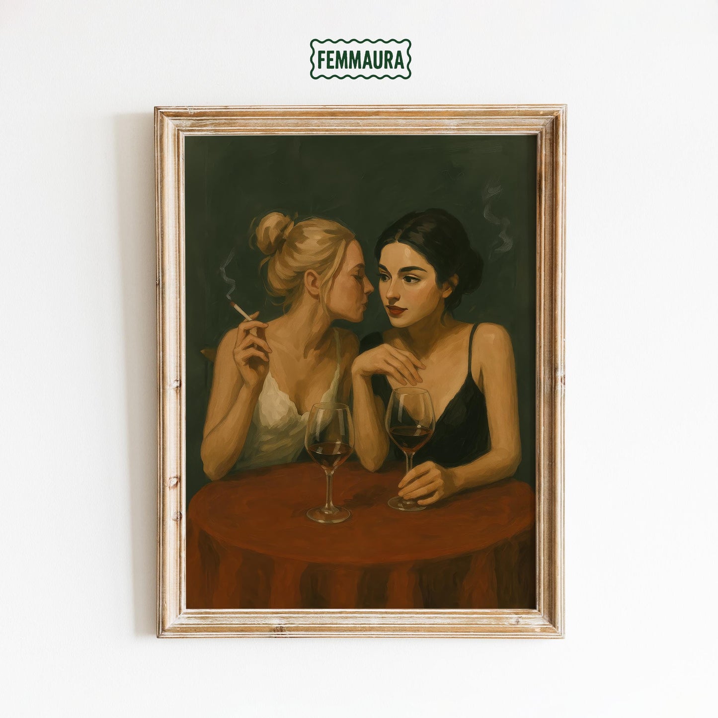Romantic Bar Art Print – Intimate Lesbian Couple Sapphic Romance Wall Decor