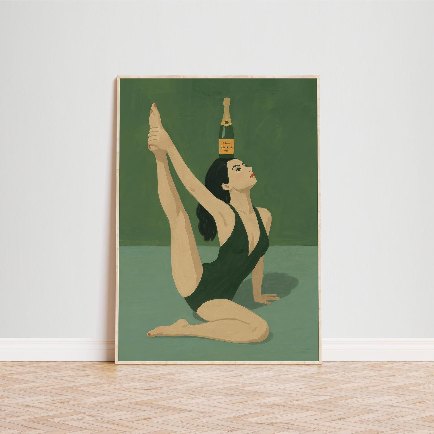Champagne Balance Yoga Art – Retro Woman Poster | Green Wall Decor