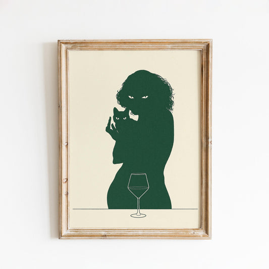 Woman and Cat Silhouette Poster – Intimate Minimal Line Art, Moody Wall Print