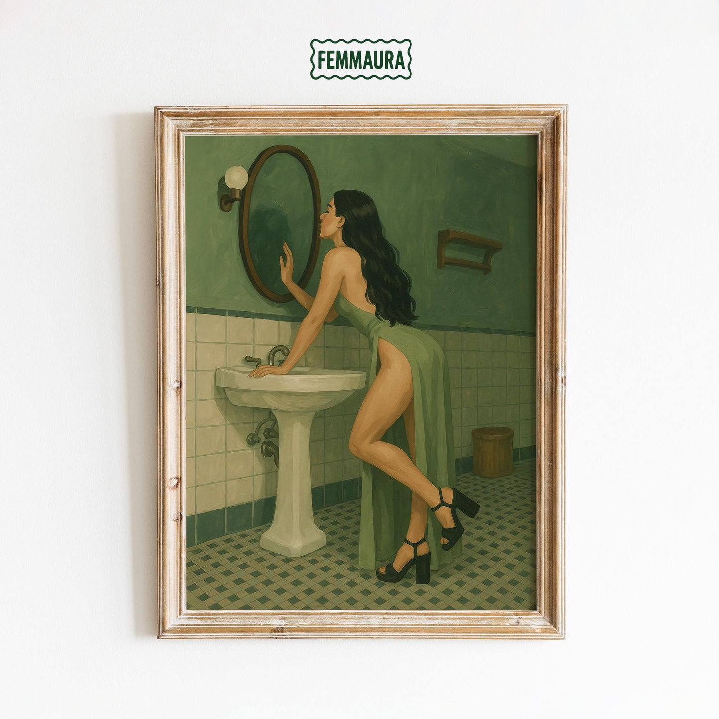 Retro Feminine Wall Art – Green Bathroom Poster With Flowing Dress & Vintage Tiles