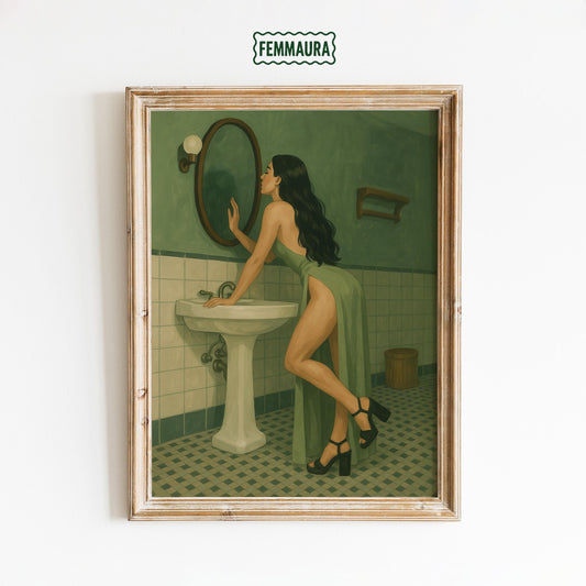 Retro Feminine Wall Art – Green Bathroom Poster With Flowing Dress & Vintage Tiles