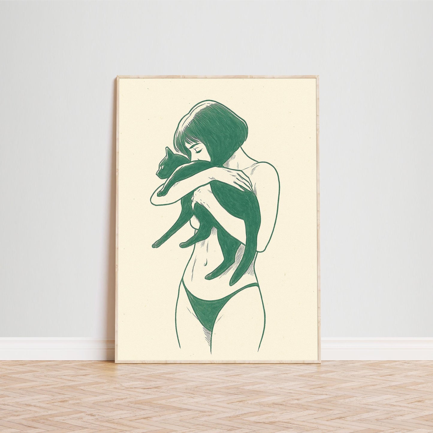 Soft Embrace – Minimal Woman and Cat Line Art, Intimate Feminine Poster
