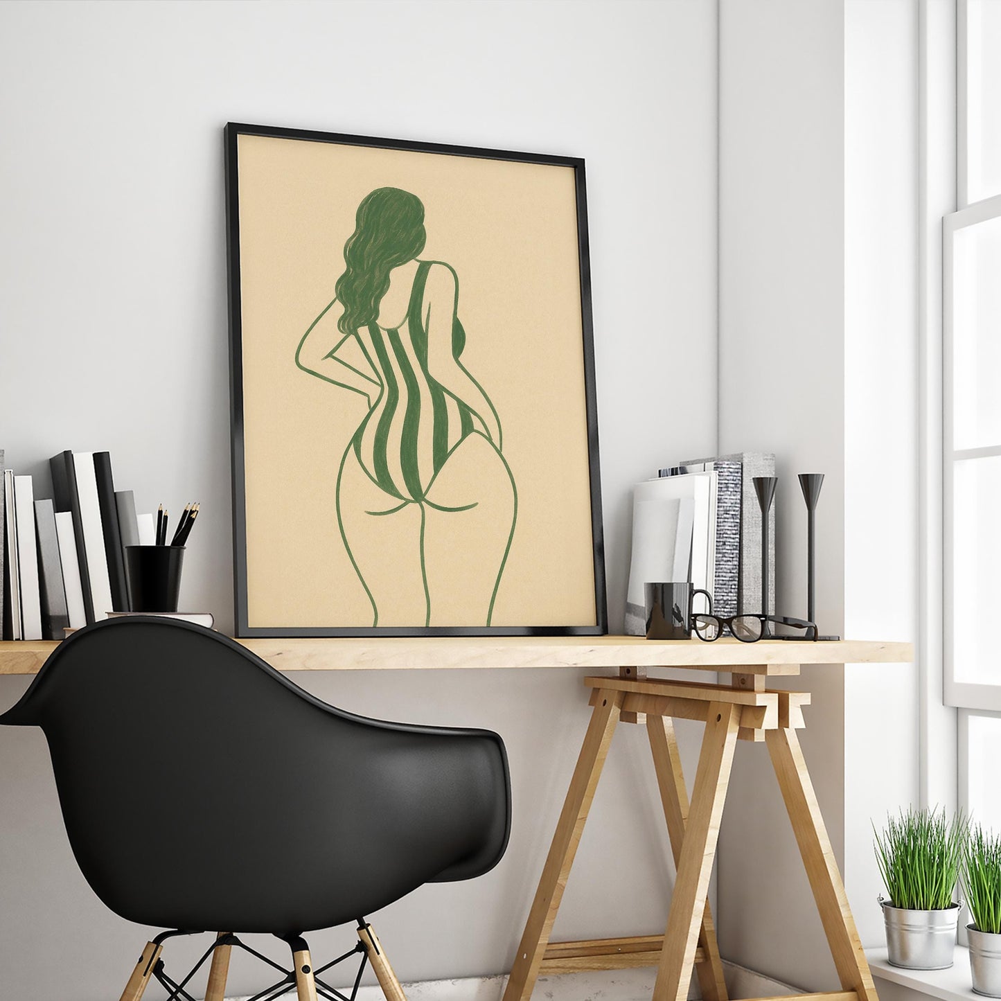 Striped Swimsuit Poster – Feminist Wall Art | Body Positive Decor, Minimalist Figure Print