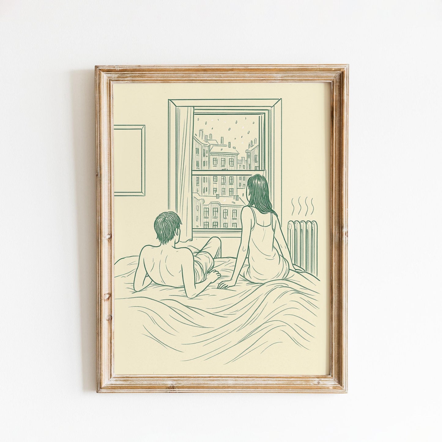 Morning in Paris – Minimal Line Art Couple Poster, Cozy Bedroom Wall Art Print