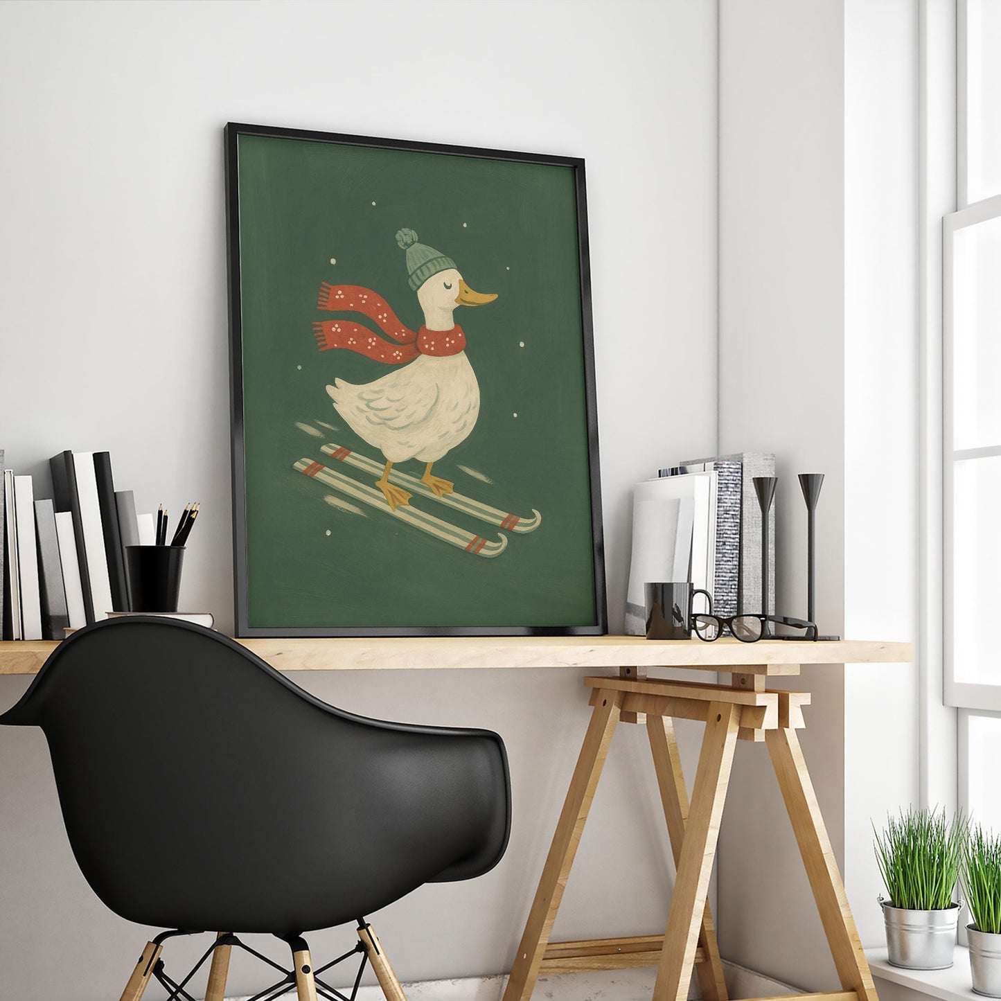 Skiing Duck Poster – Retro Winter Art | Festive Holiday Wall Decor Print