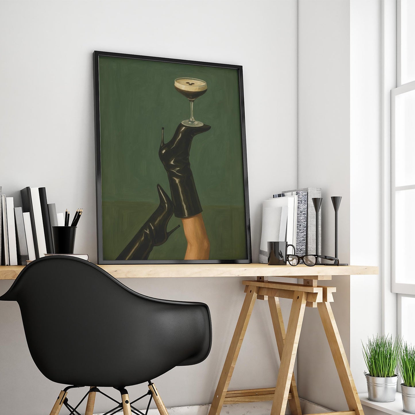 Feminine Moody Poster – Espresso Martini Art | Bold High Heel Print & Stylish Glam Decor