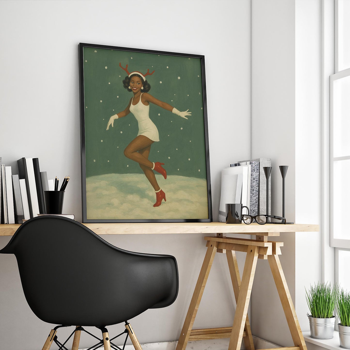 Retro Reindeer Girl Poster – Vintage Holiday Wall Art | 50s Style Festive Print