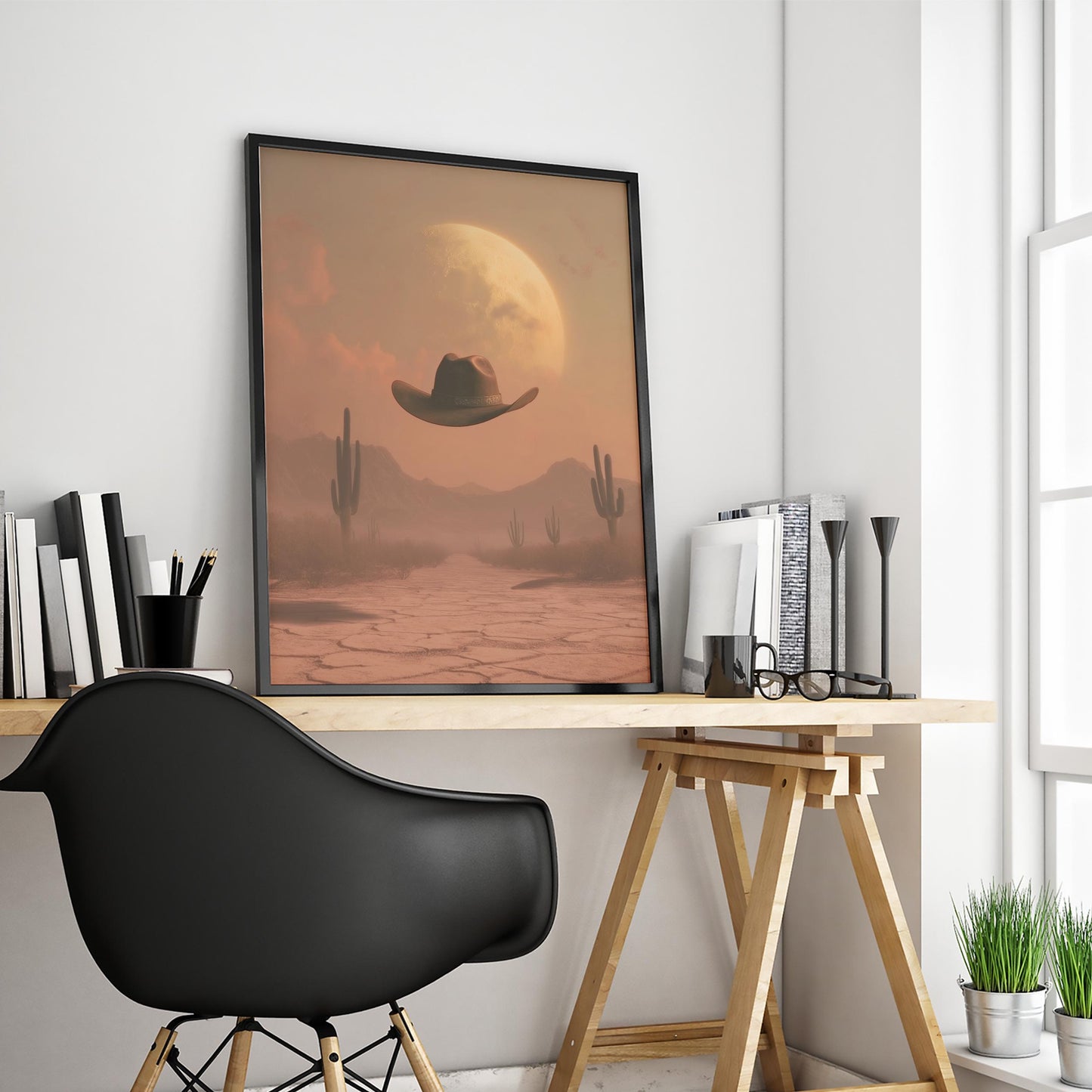 Desert Moon Cowboy Hat – Surreal Western Wall Art