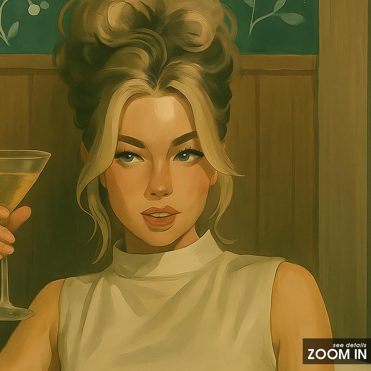 Vintage Glamour Art Print – Golden Hour Martini Olive Green Wall Art