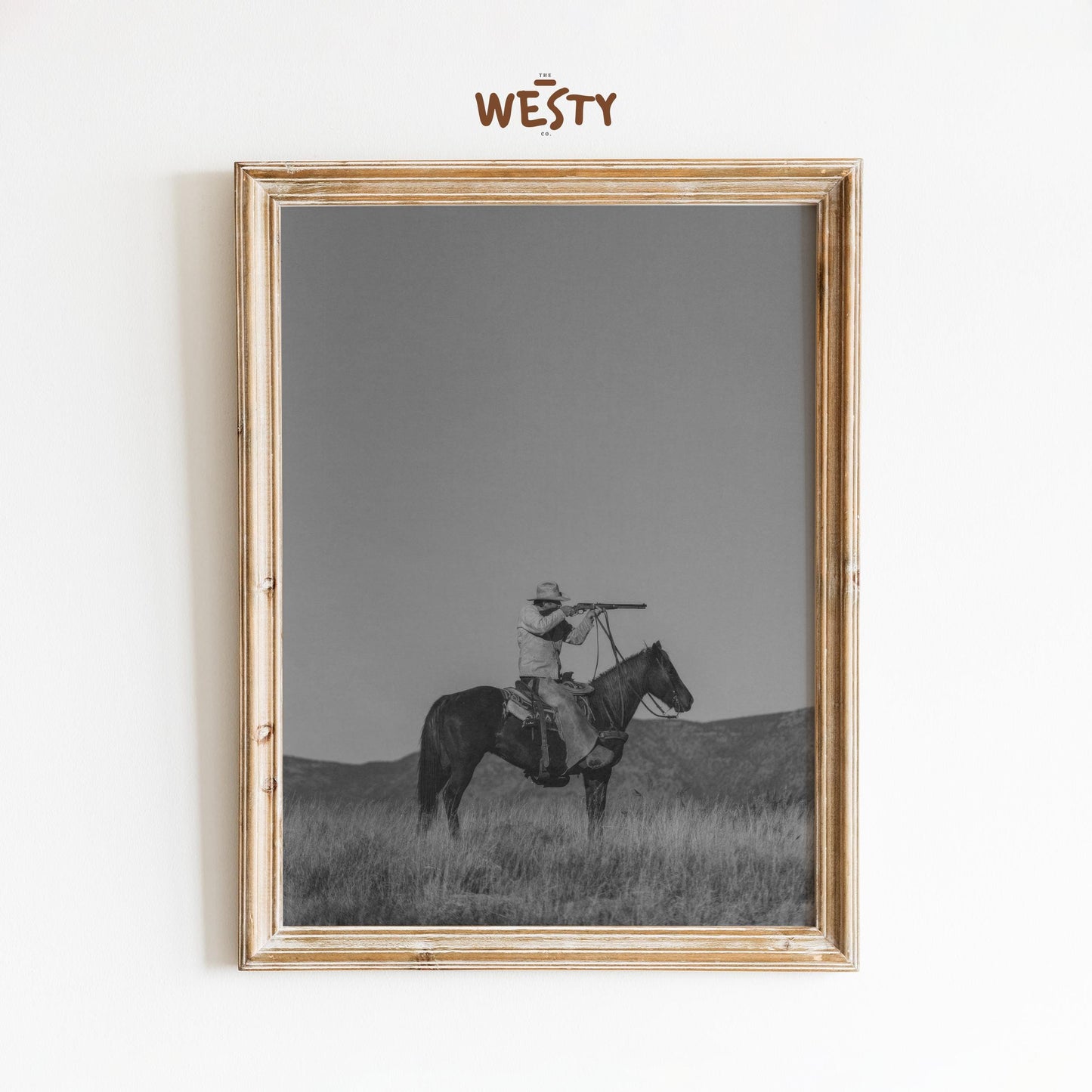 Lone Cowboy with Spyglass – Minimalist Black and White Western Poster