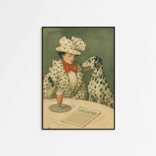 Vintage Woman Art Print – Retro Wall Decor | Dalmatian Art Poster, Olive Green