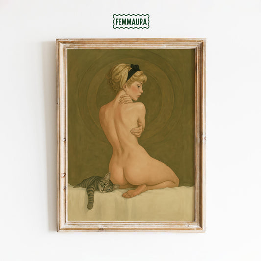 Vintage Nude Art Print – Sensual Wall Decor With Cat Lover Artwork