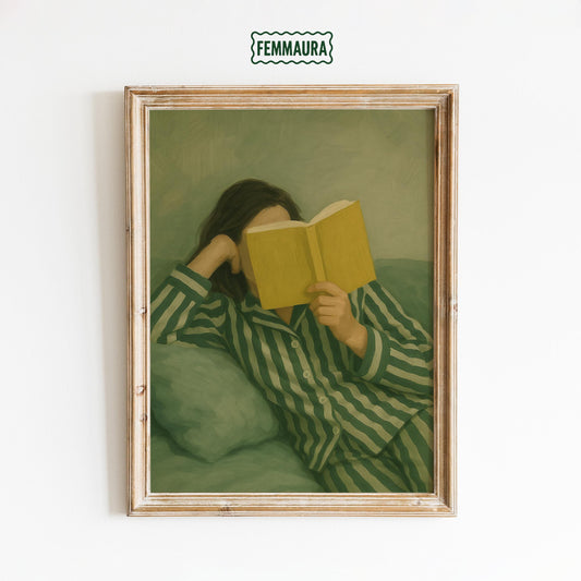 Reading Woman Poster – Cozy Wall Art | Minimalist Decor, Soft Green Artwork