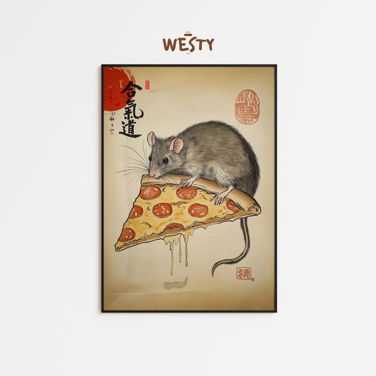 Samurai Rat & Pizza – Japanese Pop Fusion Art Print