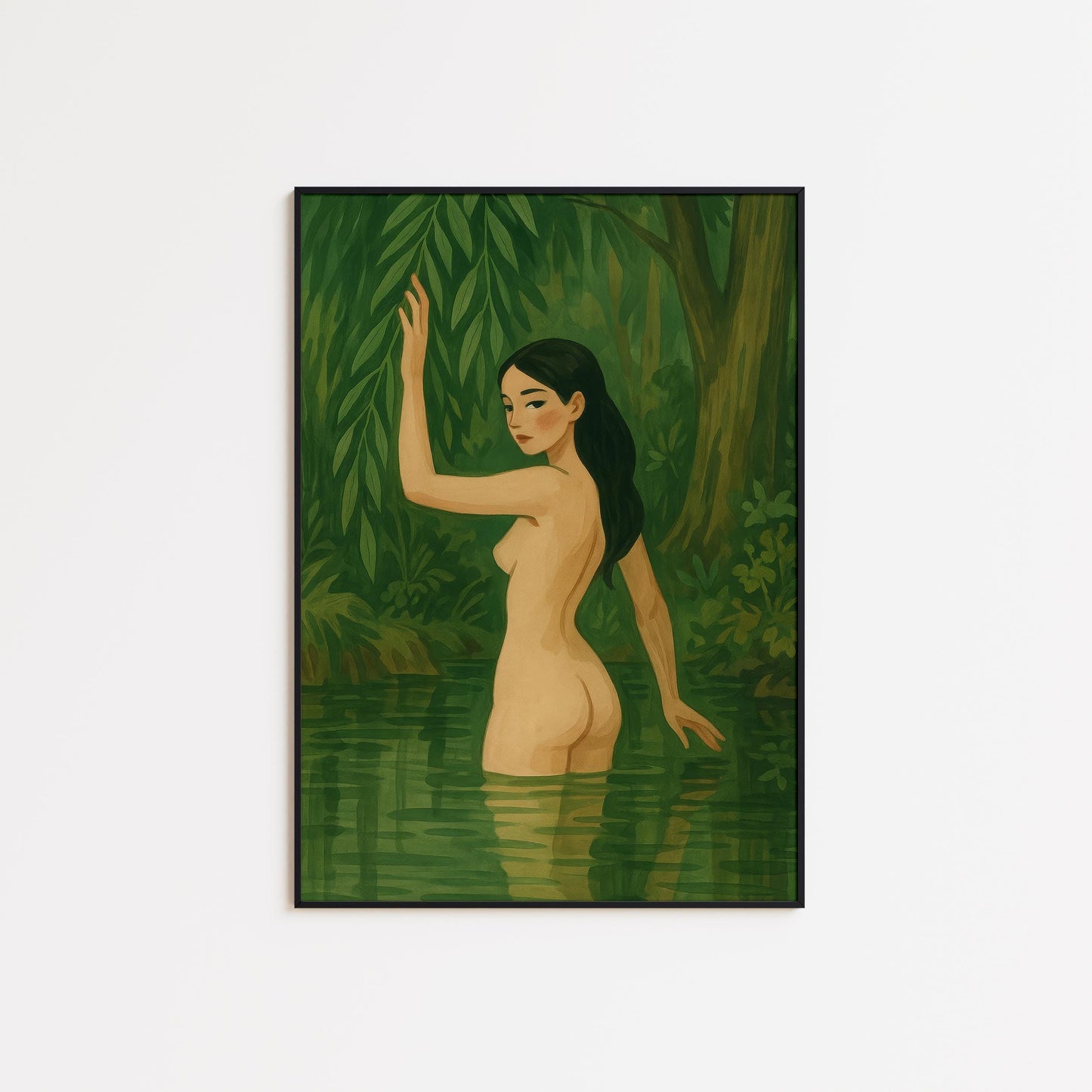 Sensual Feminine Wall Art – Nude Art Print With Forest Water & Green Aesthetic