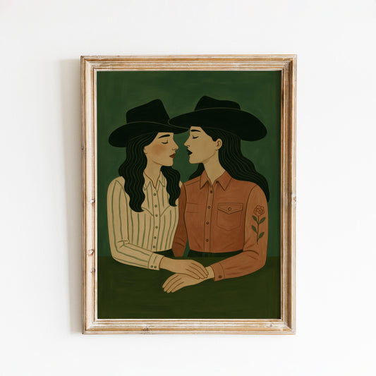 Cowgirl Lovers Poster – Queer Western Art With Rose Embroidery Detail