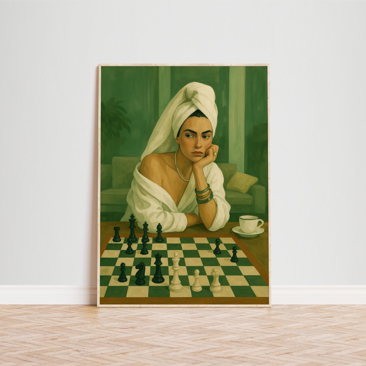 Feminine Chess Art Print – Moody Green Tones | Luxury Bedroom Poster