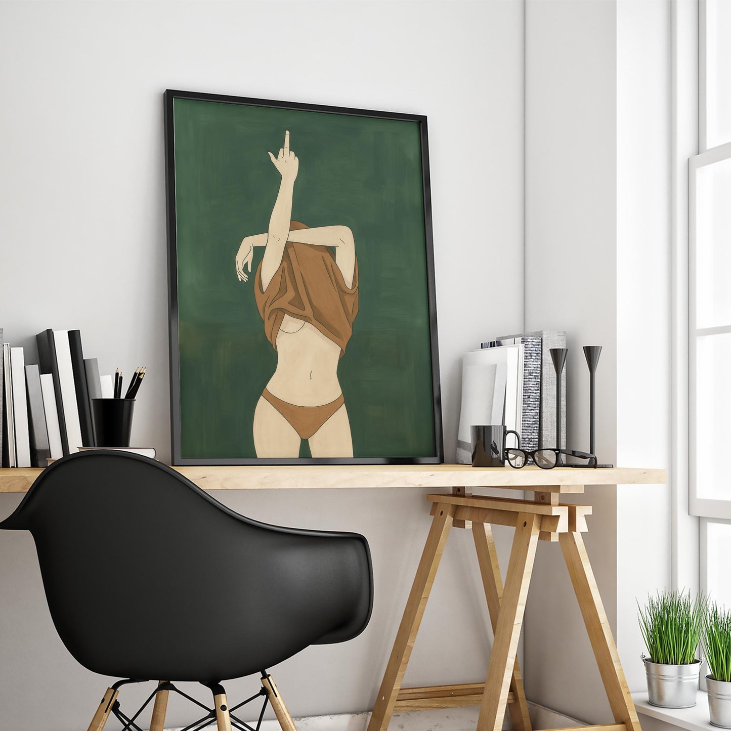 Feminist Art Print – Bold Nude Poster with Middle Finger Illustration on Dark Green
