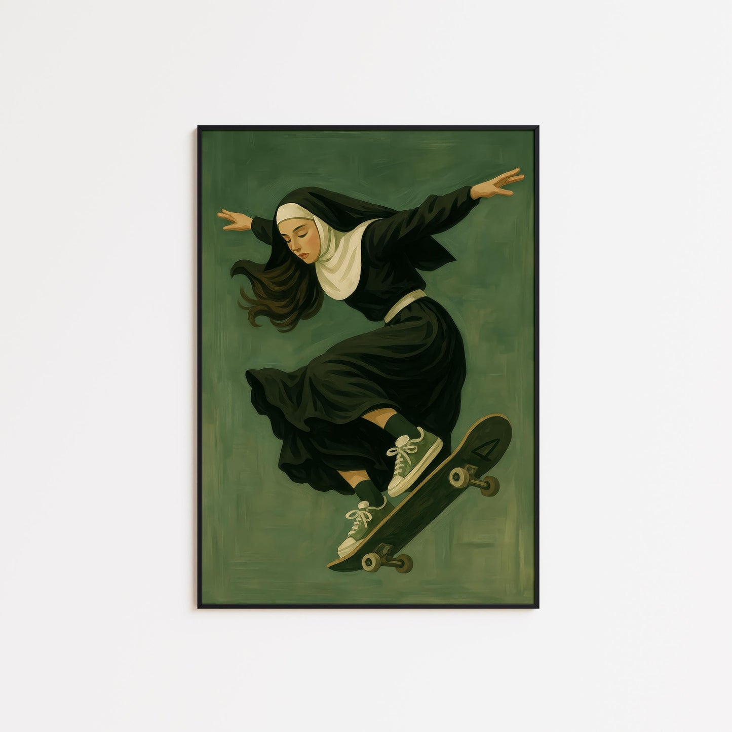 Rebel Nun Wall Art – Surreal Skateboard Print | Bold Gothic Decor
