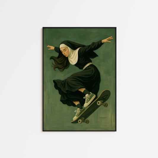 Rebel Nun Wall Art – Surreal Skateboard Print | Bold Gothic Decor